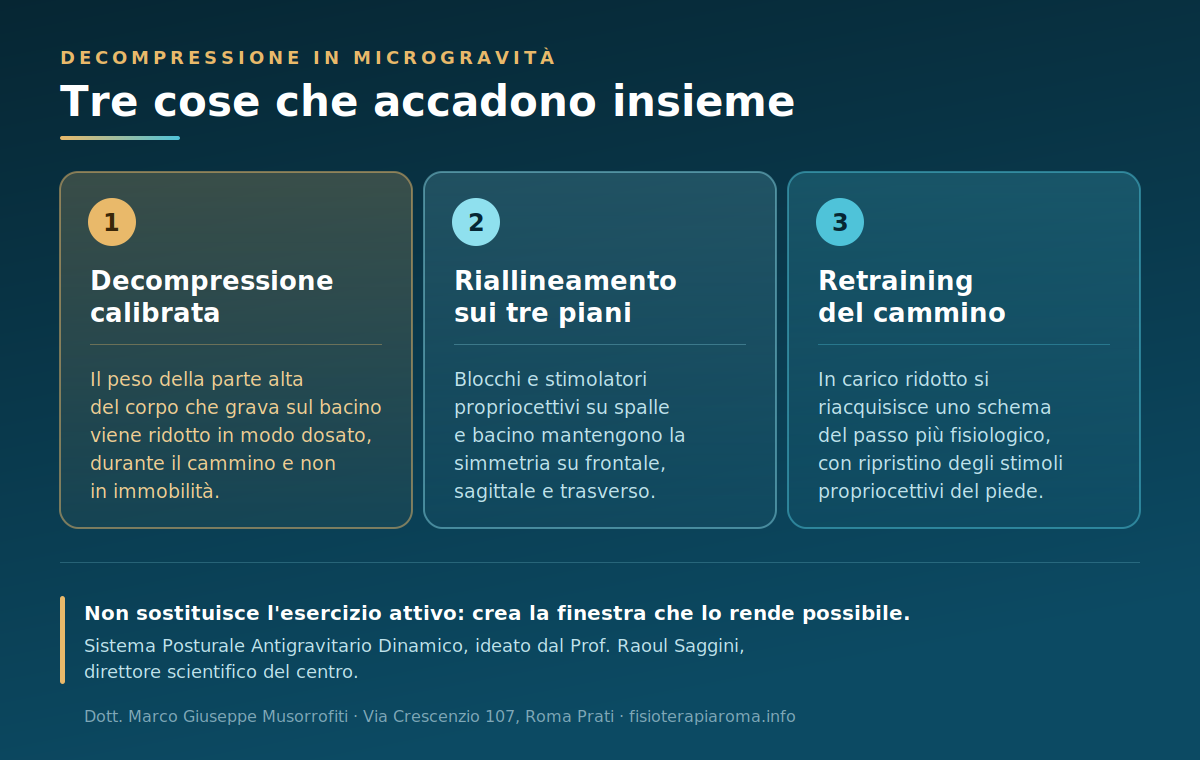 Come funziona la decompressione vertebrale dinamica in microgravità: riduzione del carico, riallineamento sui tre piani, retraining del cammino