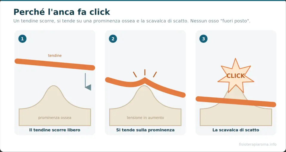 Schema in tre passaggi del tendine che scavalca una prominenza ossea producendo il click dell'anca