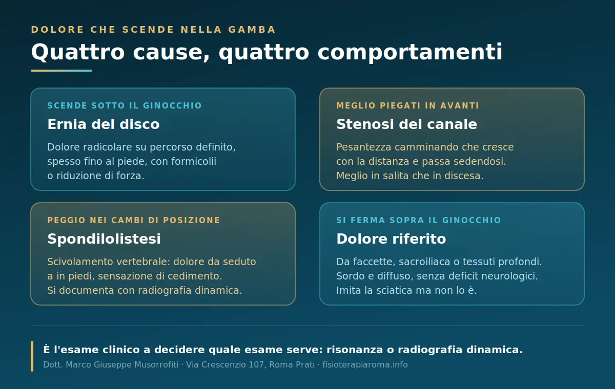 Ernia discale, stenosi, spondilolistesi e dolore riferito a confronto nel dolore alla gamba