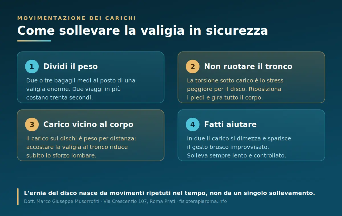 Come sollevare una valigia in sicurezza: dividere il peso, non ruotare bruscamente, tenere il carico vicino e chiedere aiuto