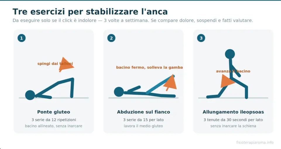 Tre esempi di esercizi per l'anca: ponte gluteo, abduzione sul fianco e allungamento dell'ileopsoas