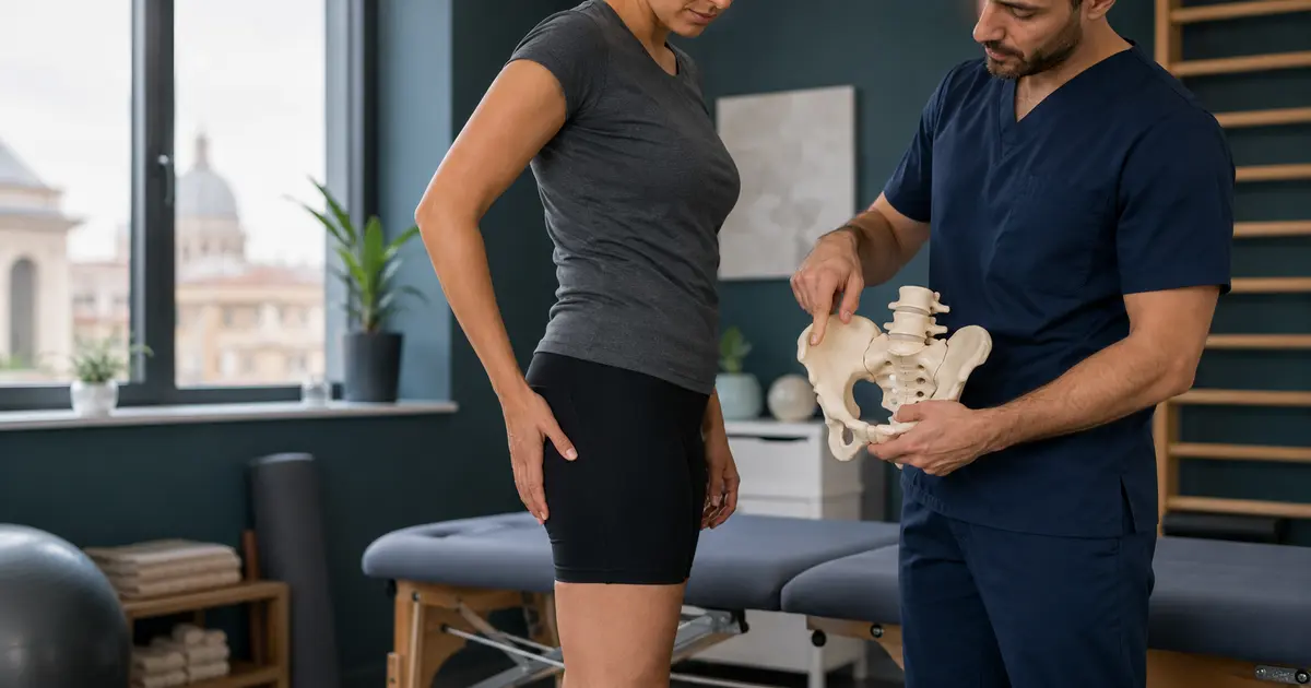 Valutazione fisioterapica del formicolio sulla parte laterale della coscia con modello anatomico del bacino