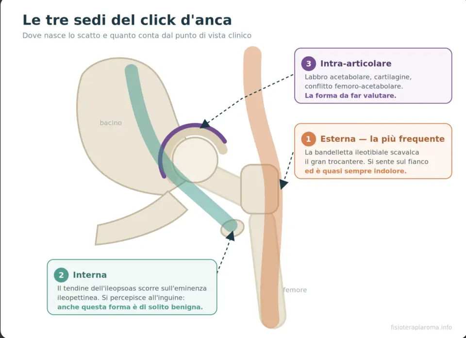 Illustrazione anatomica delle tre possibili sedi del click dell'anca: esterna, interna e intra-articolare